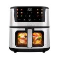 TESLA AirCook Q60 XXL Pro multifunkční digitální horkovzdušná fritéza s elegantním designem a pečící funkcí, zobrazující kuřecí maso a zeleninu v průhledném okénku.